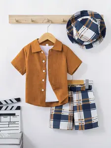 Boys' Solid Color Shirt Plaid Shorts Hat Three-Piece Set, Casual Loose-Fitting Summer, Comfortable and Stylish