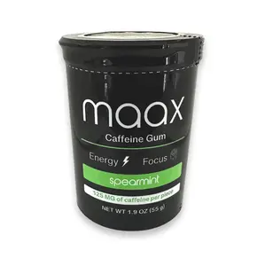 Maax Caffeine Energy Gum | Focus Gum | 125mg of caffeine per piece | Spearmint | 25 pieces per container
