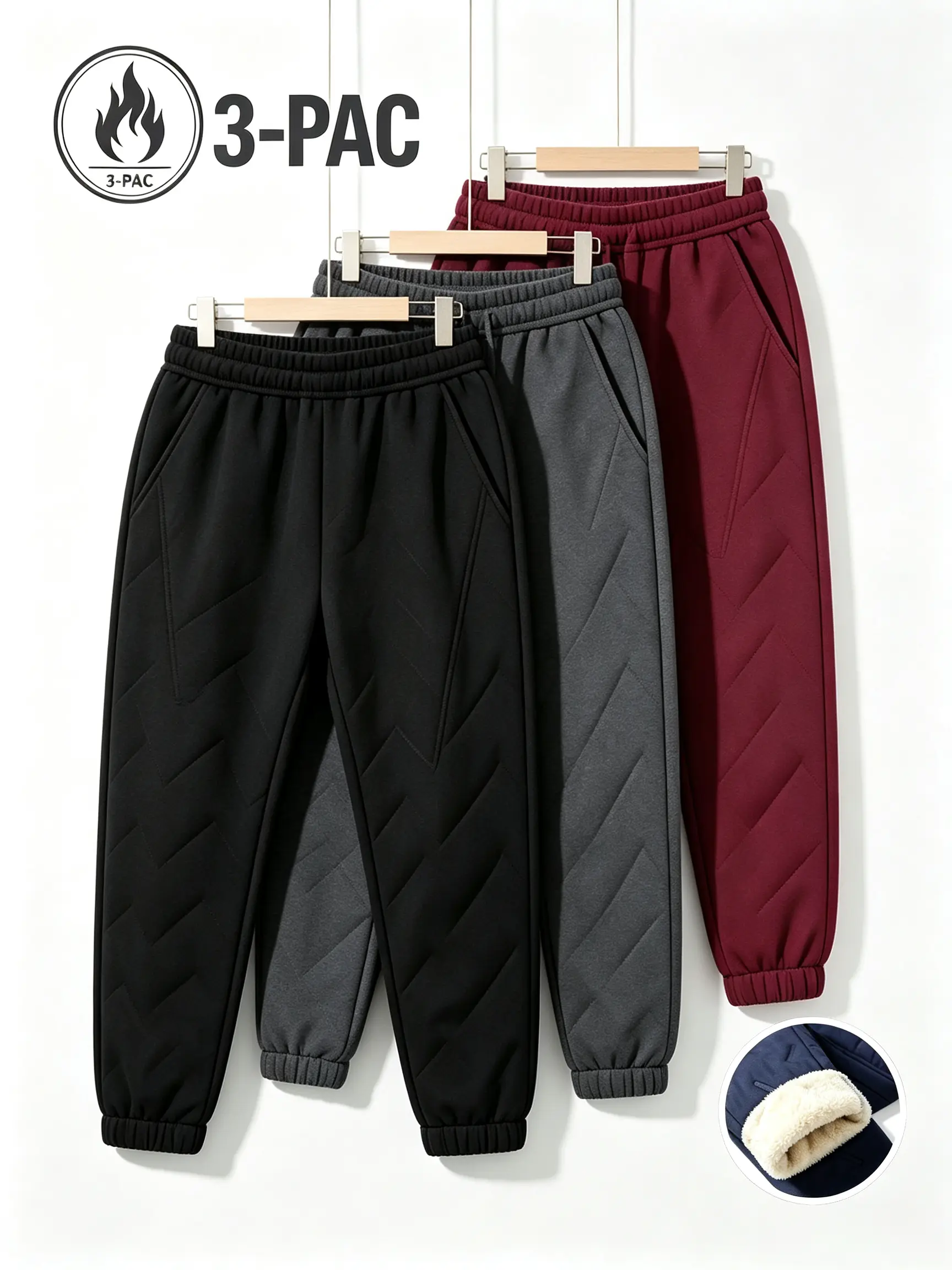 Men's 3-Piece Winter Thick Fleece Jogger Set - Elastic Drawstring Waist, Zippered Pockets, Outdoor Windproof Cold-Resistant Casual Long Pants