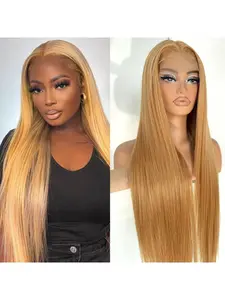 Honey Blonde Straight Wig 13x6, Transparent Lace Frontal Wig for Women, Pre Plucked Ombre 27 Colored, Human Hair Lace Front Wigs