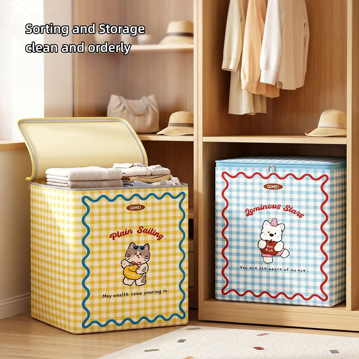 Cartoon Print Foldable Plastic Clothes Organizer Box - Large-Capacity, Moisture-Proof, Durable Rectangle Storage Bin with Handles, Collapsible Storage Solution for Bedroom Wardrobe Small Space Hacks