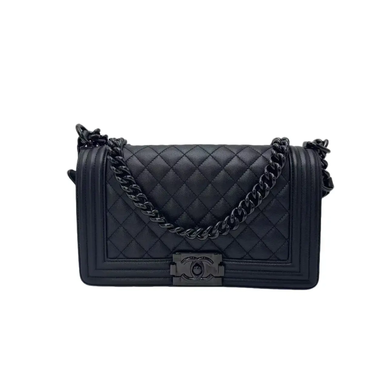 Pre-owned CHANEL Calfskin Shoulder Bags Black Caviar Quilted Medium Boy Flap Bag For Women, Full Black Metal Interlocking CC Turn Lock Chain Strap Crossbody Shoulder Handbag
