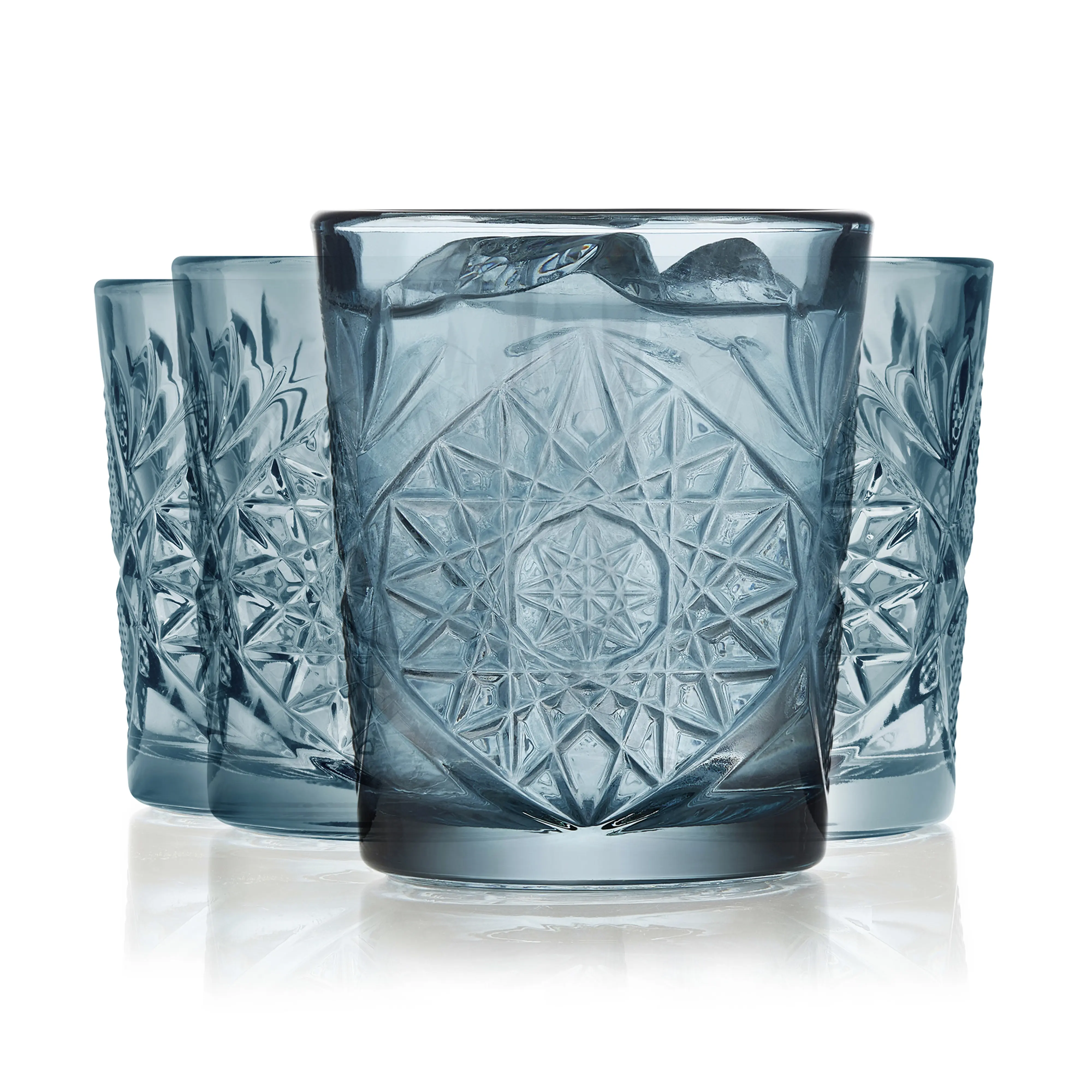 Libbey Hobstar Double Old Fashioned Glasses, Blue Colored Cut Glass Drinking Glasses Set of 4, Durable, Vintage Whiskey Glasses for Cocktail, Drinks
