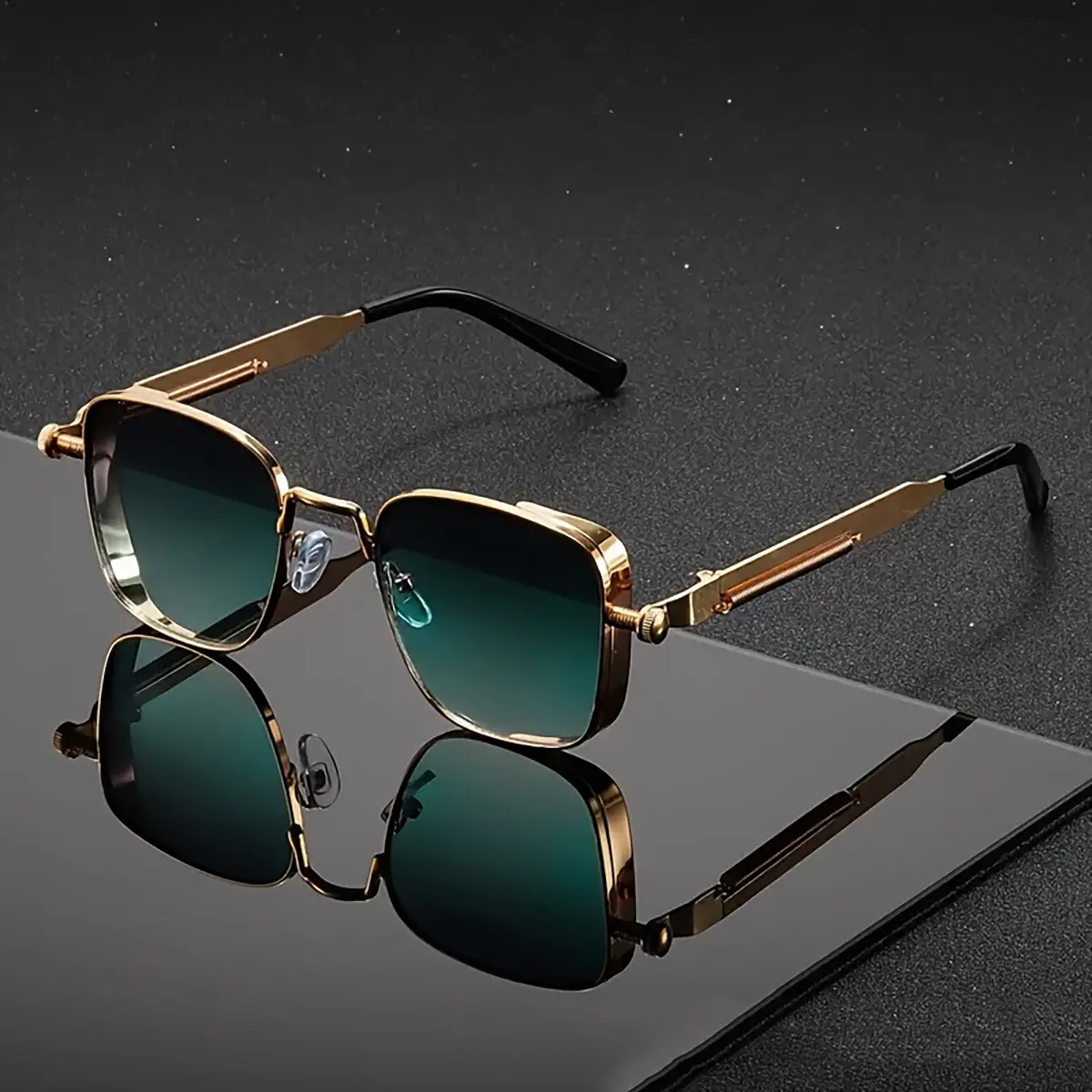 New Vintage Square Steampunk Metal-Frame Semi-Rimless Sunglasses for Men-Women, UV400 UV Protection, Large Size Unisex Fashion Trendy Sun Shades for Traveling