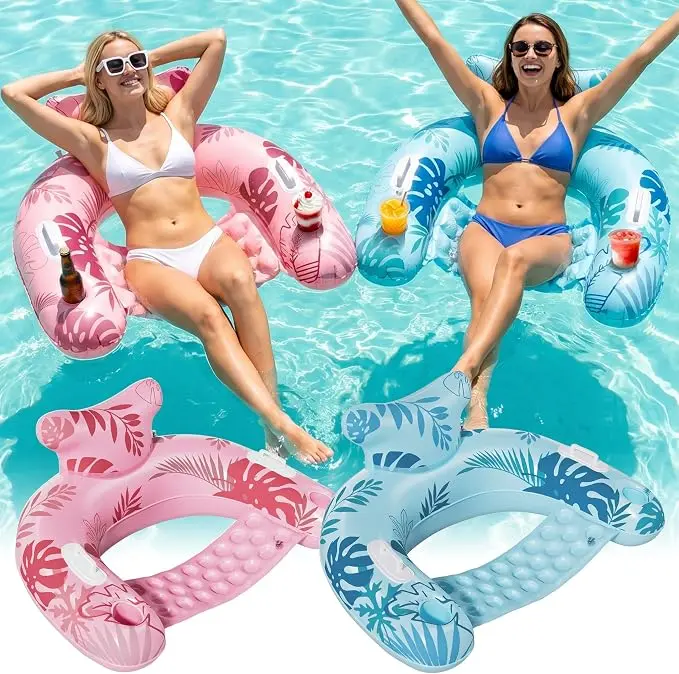 Inflatable Pool Chair Adult, Floating Chair with Cup Holders for Swimming Pool, Water Lounger with Handles & Ergonomic Headrest, Float Toys for Party Summer Water Fun Pool Floaties