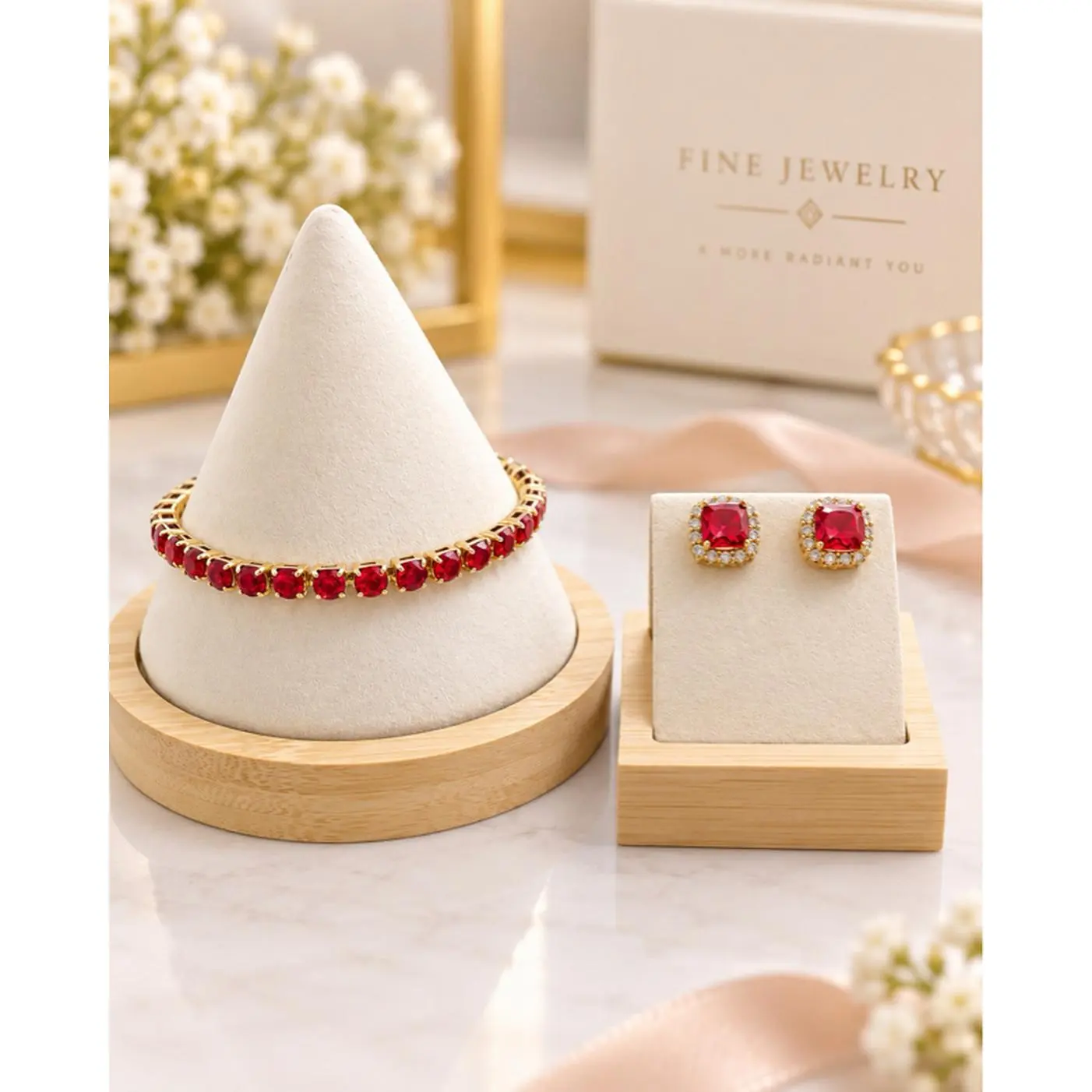 Fine Jewelry Red Ruby Earrings & Bracelet Set for Women's Elegant Accessory Collection
