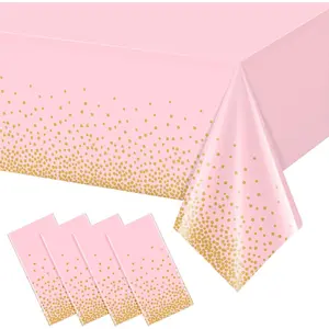 4 Pack Pink and Gold Plastic Disposable Tablecloth for Rectangle Tables, Gold Dot Confetti Light Pink Tablecloth for Birthday Wedding Baby Shower Party, 54x108