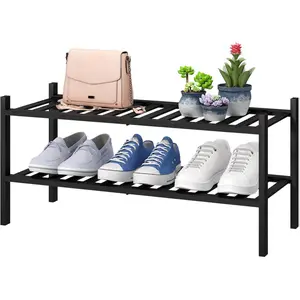 2-Tier Black Bamboo Shoe Rack for Entryway, Stackable | Foldable | Natural, Shoe Shelf Storage Organizer for Hallway Closet, Free Standing Shoe Racks for Indoor Outdoor