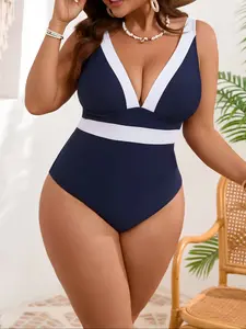 Busty Friendly Plus Size Swimsuit 1XL-4XL | Navy White Nautical Tummy Control One Piece Removable Padding Adjustable Straps Spring Break 2026   Womenswear bikini