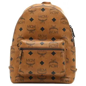 MCM Maxi Logo Monogram Coated Canvas Backpack with Classic Studs for Men and Women in Brown Cognac