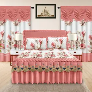Lilianna Collection 5 pcs Bed Skirt Set for King Size Bed with Lace Pillow Cases and Valance Solid Curtains