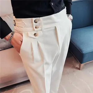 Men's casual pants British Style Spring New Solid Business Casual Suit Pants High Waist Button Men Formal Pants High Quality Slim Office Trousers