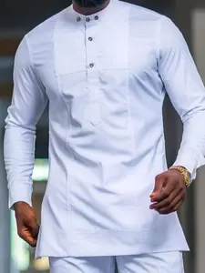 Men's White Dashiki Suit Set, Casual Minimalist Design With Special Collar, 3D Cut, Long Sleeve, Elastic Waist Pants, African Style Outfit, Men's Casual Shirt And Pant 2 Pieces Set, New Style For All Seasons, Street Style, Party, Wedding, Cultural Events
