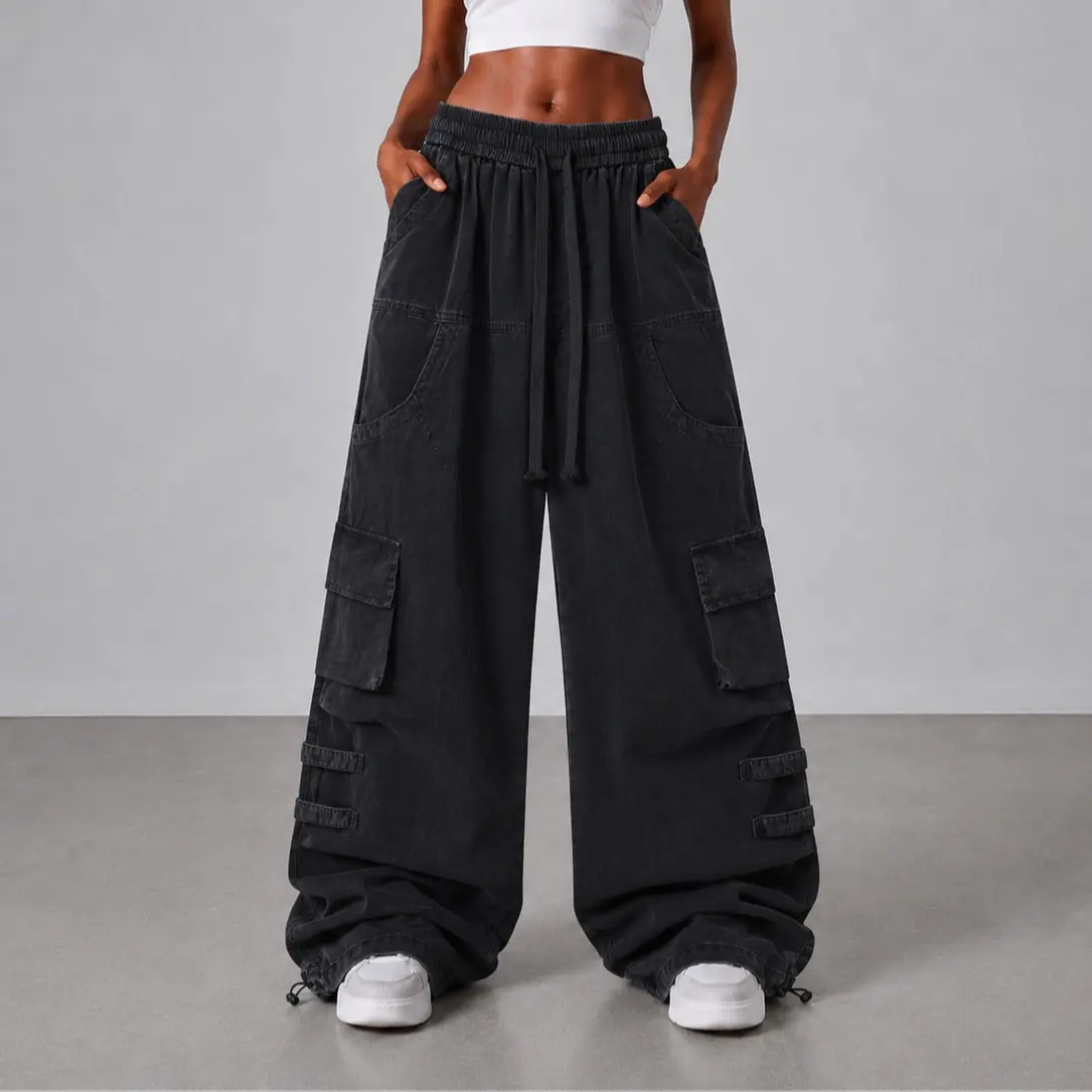 Flooo Women's Loose Wide Leg Cargo Pants - Casual Streetwear Joggers with Elastic Waistband & Drawstring, Adjustable Multi-Pocket Utility Trousers for Street Style