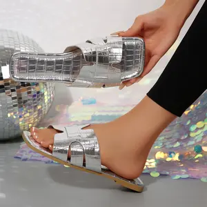 Women's Sandals Crocodile Embossed Cut Out Flat Sandals Open Toe H Cross Strappy Slide Sandals