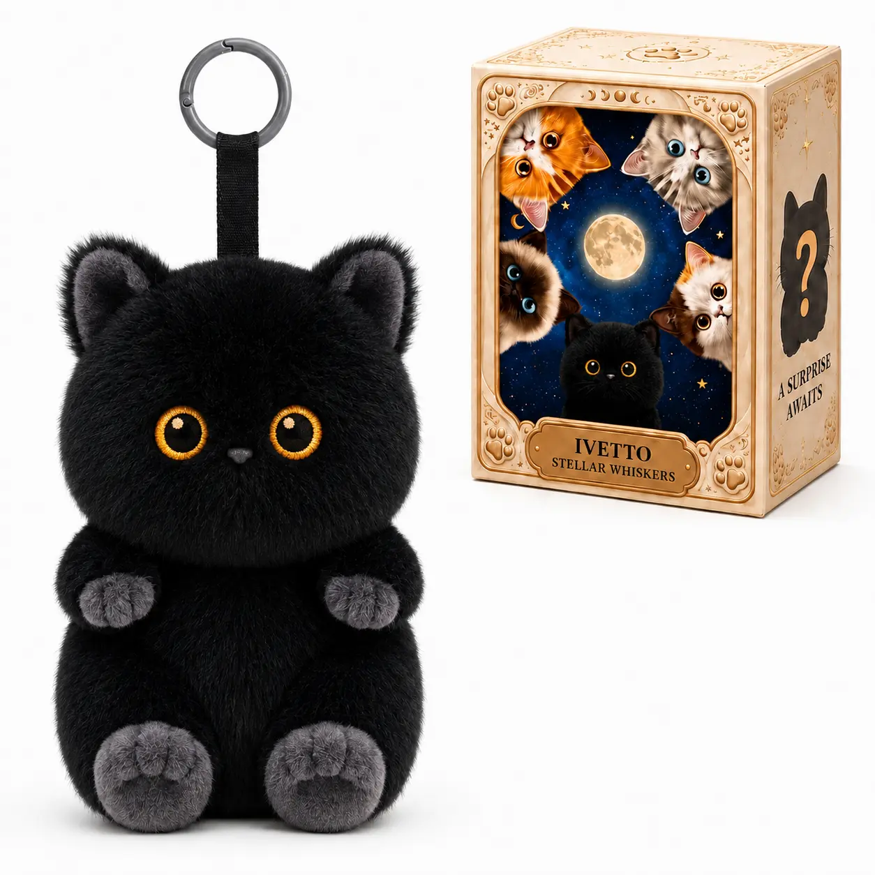 IVETTO Mystic Galaxy Kittens Series Plush Keychain Blind Box, 5.9" Plush Fabric Bag Charm with Vinyl Face, Secret Black Kitten Chance, Backpack & Purse Collectible (Random 1 Box)