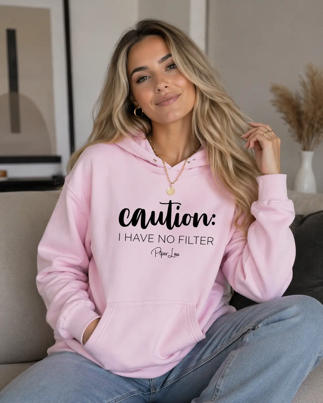 Women's "Caution I Have No Filter" Graphic Pullover Hoodie, 50% Cotton 50% Polyester Spandex Yarn Fabric, Soft Smooth Stylish Athletic Top, Double-Lined Hood, Matching Drawcord, Quarter-Turned Body, Tops