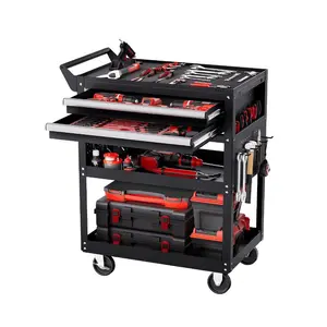 VEVOR 4-Tier Tool Cart with Wheels, 350 lbs Load Capacity, Rolling Work Cart with Drawer Pegboard, Mechanic Tool Storage Organizer with Locking System for Garage, Warehouse and Repair Shop, Black