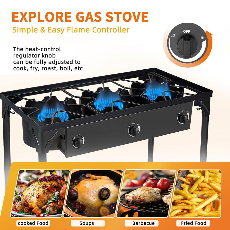 Outdoor Stove 3 Burners High Pressure Propane Gas Camp Stove with Detachable Legs, Perfect for Camping Patio, 225,000-BTU