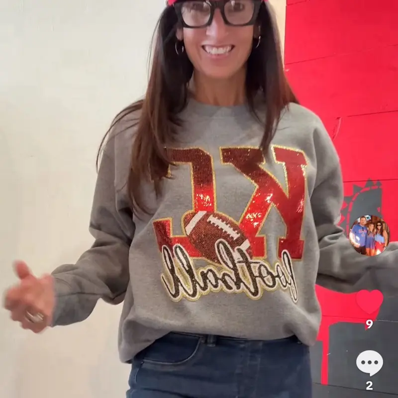 Sequin Large KC with football  KC Kansas City Football Sweatshirt - Red with KC Chicks Sequin