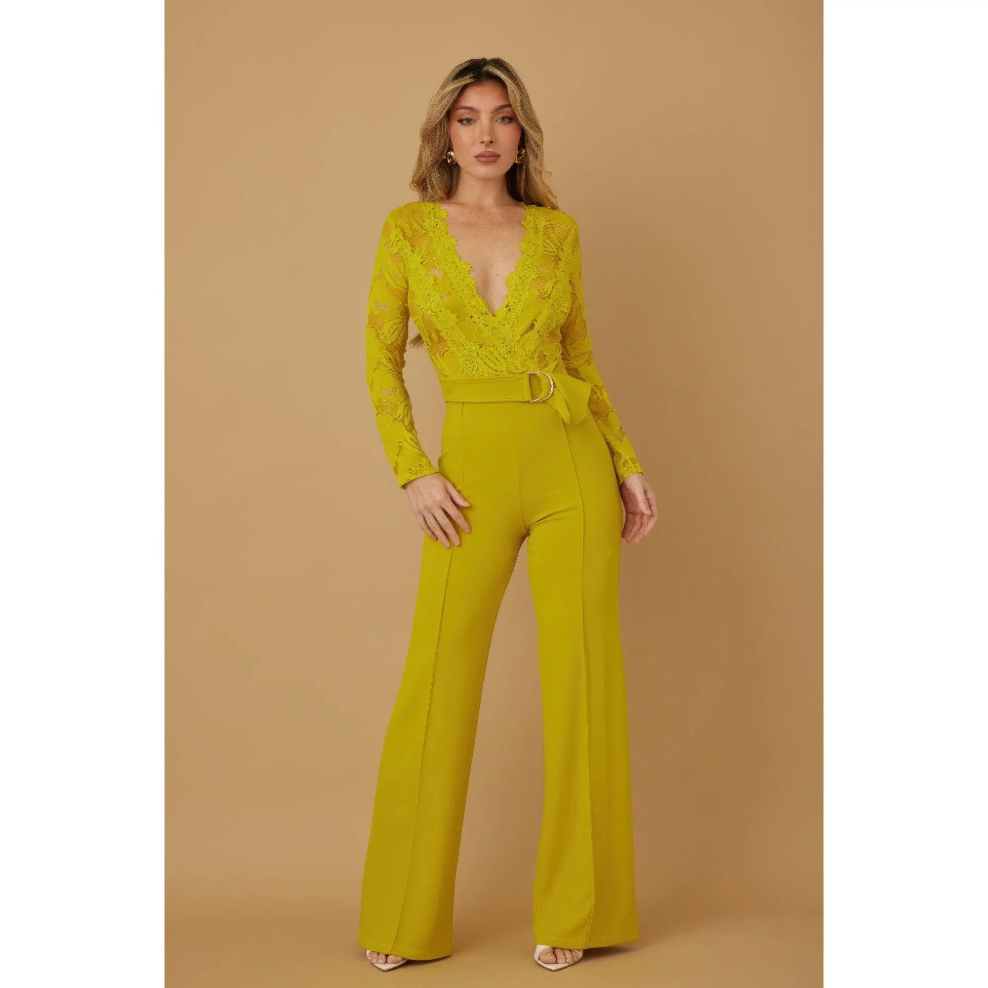Women's Lace Crochet Long Sleeve Spandex Overalls, Belt-Accented Zipper-Closure Style Jumpsuit, Flared