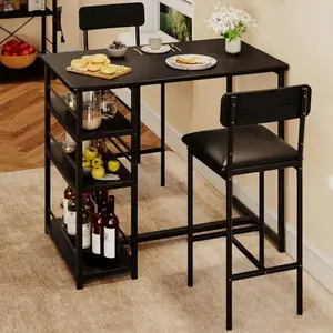 【GARVEE】Dining Table Set for 2, Bar Height, Upholstered Chairs, MDF Board & Steel, 3 Storage Shelves, Small Space Solution