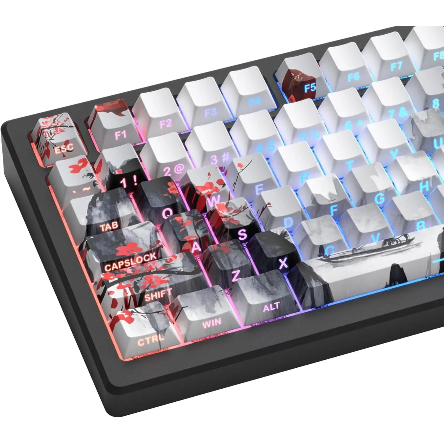 PBT Keycaps Set 130 , Custom White  Keyboard Doubleshot Dye Sub Side Print Shine Through Keycaps 60 65 75 100 Percent, Cherry Profile (Plum Blossom)