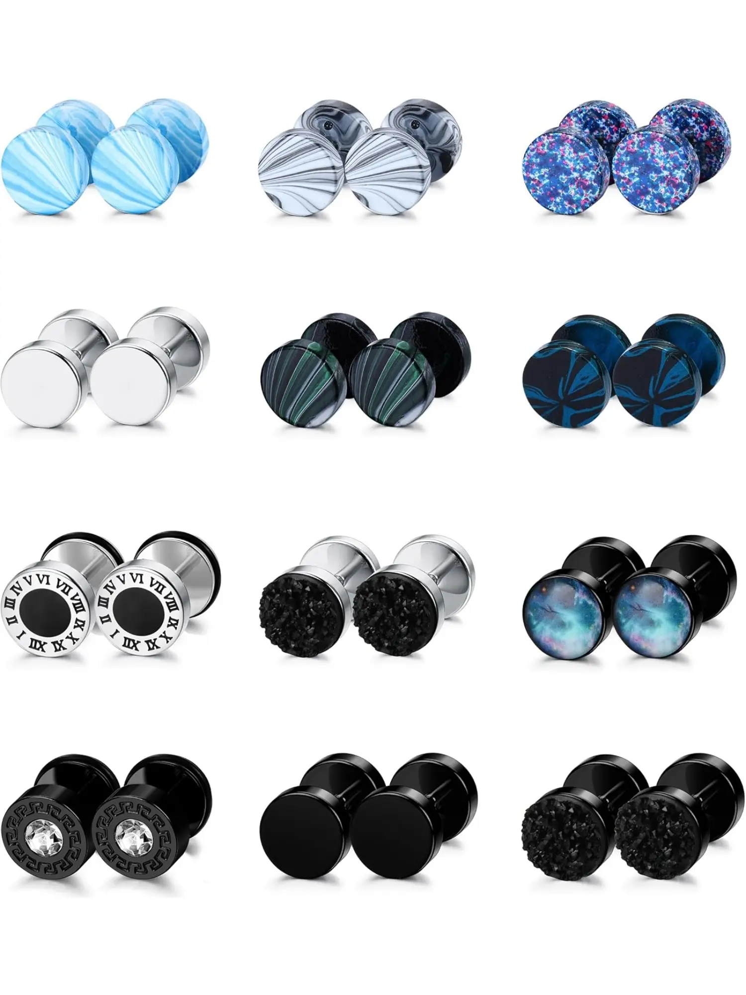 Classic 12 Pairs Colorful Fake Gauge Earrings Fashionable Stainless Steel Stud Earrings for Men Women Cool Faux Gauges Earrings Fake Ear Plugs Gauges Tunnel Jewelry Set Ear Accessories Ear Studs