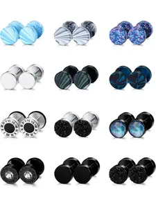 Classic 12 Pairs Colorful Fake Gauge Earrings Fashionable Stainless Steel Stud Earrings for Men Women Cool Faux Gauges Earrings Fake Ear Plugs Gauges Tunnel Jewelry Set Ear Studs