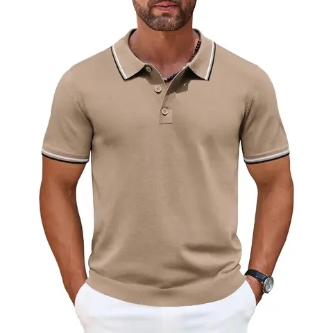 COOFANDY Men's Knit Polo Shirts Casual Short Sleeve Button Down Golf Polo Shirts Vintage Collared T Shirt