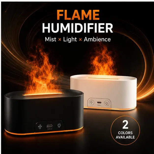 RGB Mist Humidifier with Flame-Like Light Effect, Type-C Powered Compact Tabletop Humidifier for Bedroom, Office and Living Space