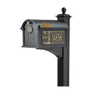 Whitehall Frank Lloyd Wright Balmoral Mailbox & Post Package with Personalized Side Plates, Monogram, Bracket & Finial, Cast Aluminum Decorative Mailbox, Post Mount