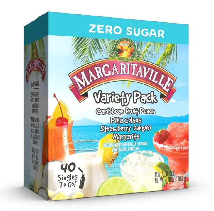 SINGLES TO GO! Margaritaville Water Drink Mix, Variety Pack, Includes 4 Flavors: Caribbean Fruit Punch, Pina Colada, Strawberry Daiquiri, And Margarita,1 Box (40 Single Servings)