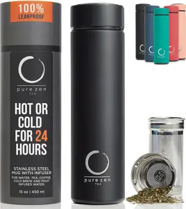 Pure Zen Tea 15oz Stainless Steel Thermos with Infuser for Hot & Cold Beverages 100% BPA-Free Leakproof Travel Mug Modern Design Portable Coffee Tea Bottle Gift Ready Packaging Insulated Double Wall Vacuum Technology