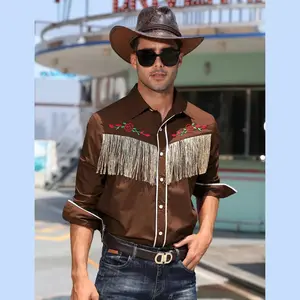 YESFASHION Men's Western Cowboy Fringe Shirt Long Sleeve Rose Embroidered Slim Fit Button Down Shirt