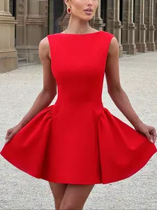 Red Sleeveless Fit and Flare Mini Dress for Women Elegant Crew Neck A Line Cocktail Party Dress Pleated Skater Dress Formal Wedding Guest Outfit Sexy Chic Date Night Dress Formal Wear Womenswear