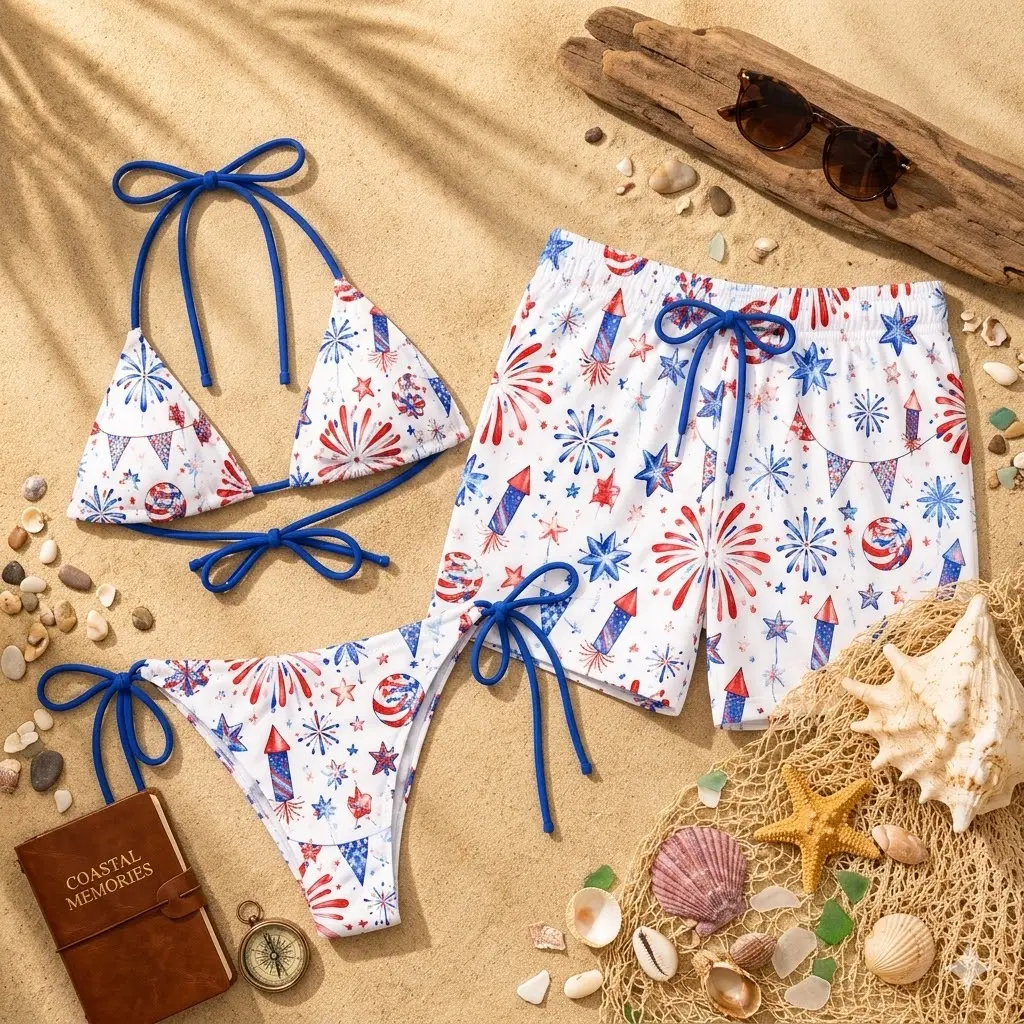 Matching Couples Swimwear, 4th of July Patriotic Bikini and Trunks, American Flag Fireworks Beach Outfit, American Flag Swimsuit for Him and Her, 4th of July Matching Couples Swimwear, Patriotic Fireworks Beach Outfit