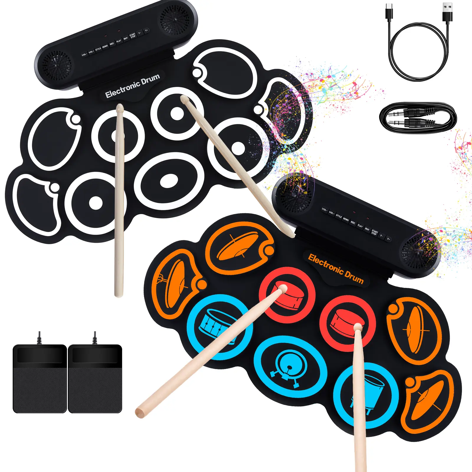 Electronic Drum Set, 9-Pads Roll-Up Electric Drum Pad Kit with Headphone Jack 10Hrs Playtime Built-in Speaker with Drumsticks Pedals, Xmas Birthday Gift for Adults,Student