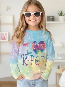 Long-sleeved round-neck drop-shoulder sweatshirt top T-shirt with blue and yellow gradient starry sky love digital printing, long-sleeved T-shirt clothing for girls in spring and autumn, 100% polyester, the best gift for girls