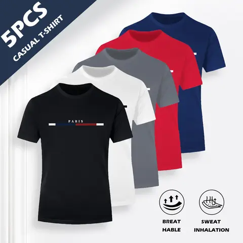 Men's 5pcs Moisture-Wicking Breathable Short-Sleeve Crew Neck T-Shirts - Paris Letter Print, Striped Collar, Regular/Fitted Fit, 5 Color Choices, Activewear/Streetwear, Summer Outdoor Casual Tops - Do Not Dry Clean