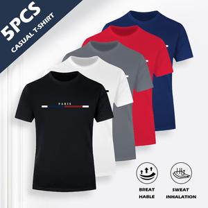 5pcs Men's Moisture-Wicking Breathable Short Sleeve T-Shirts with Paris Letter Print & Striped Collar - 5 Color Options, Regular Fit for Summer Outdoor, Beach, Training & Casual Wear, Comfortable In-Ha