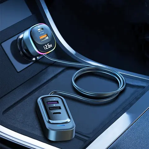 PD 30W Fast Charging Automotive Car Charger with 1.5m Extension Cable, Summer 5 Port Output Car Charger Adapter with LED Light, Portable Multifunctional Car Rear Multiport Charger USB Car Charger