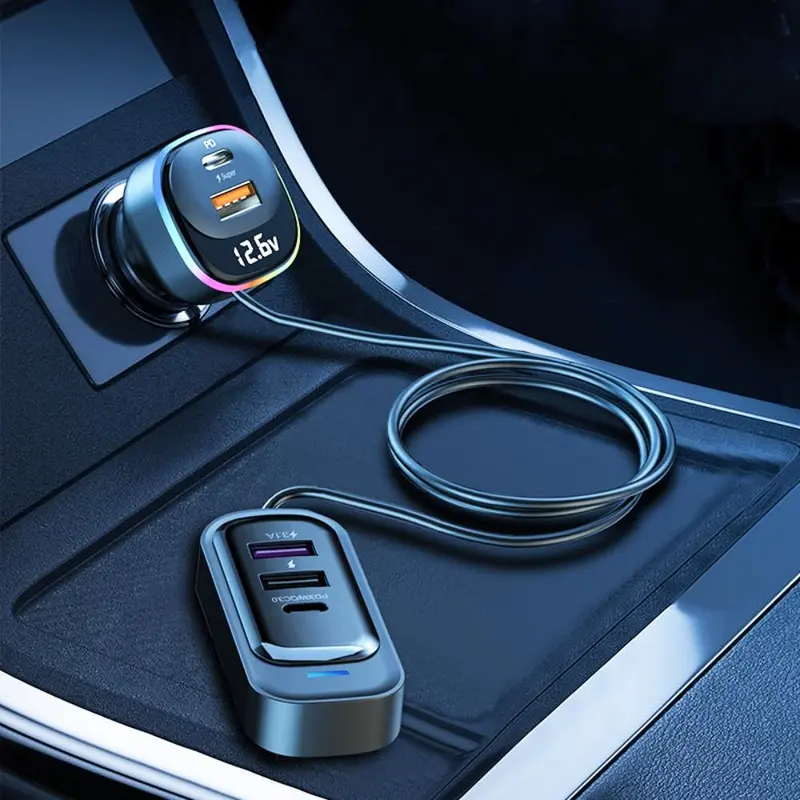 PD 30W Fast Charging Automotive Car Charger with 1.5m Extension Cable, Summer 5 Port Output Car Charger Adapter with LED Light, Portable Multifunctional Car Rear Multiport Charger USB Car Charger