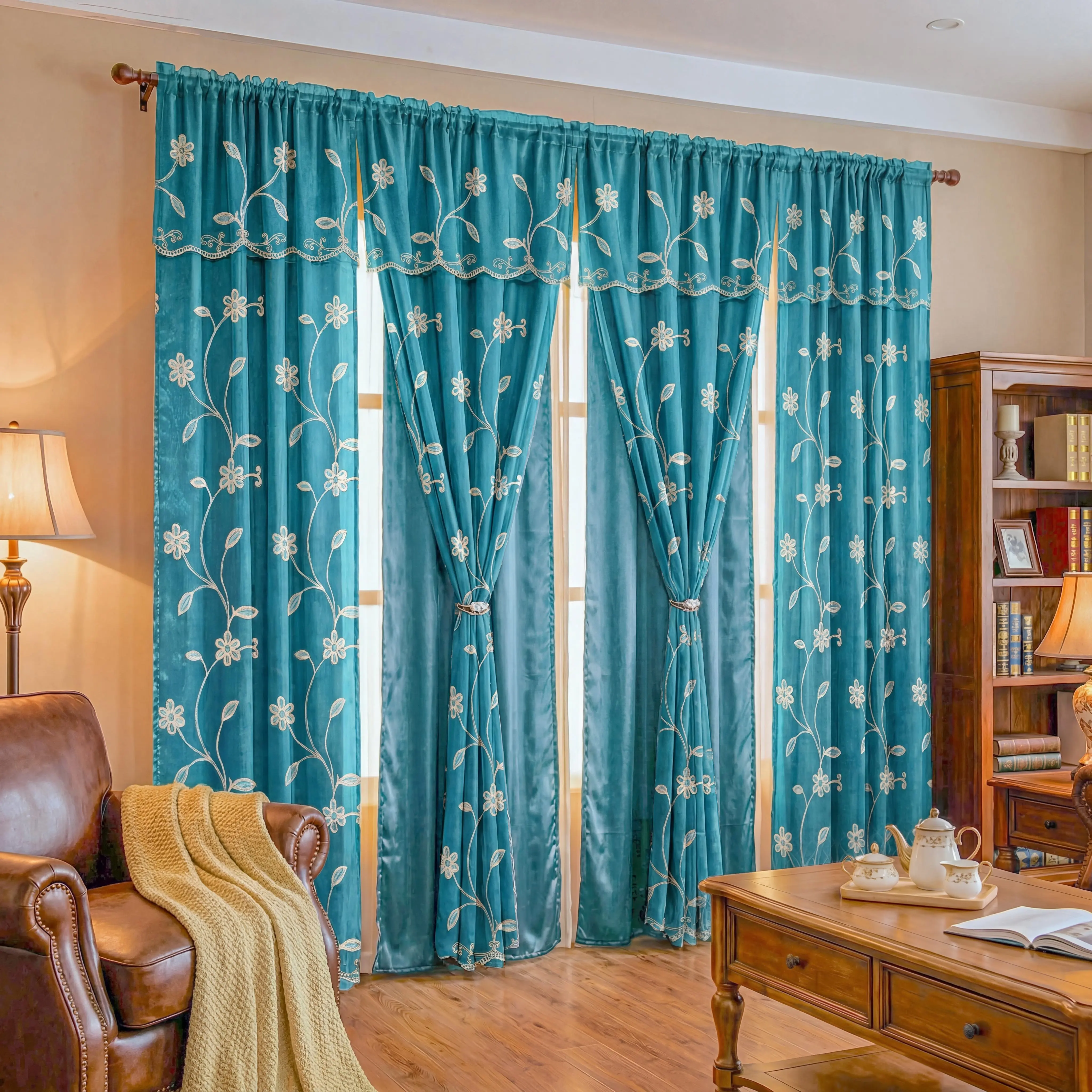 4-Panel Double Layer Vine Floral Embroidered Doli Curtains (52"x84") with Waterfall Valance, Rod Pocket, Stretch, Wrinkle-Resistant, Breathable, Dustproof, Embroidered Texture, Full Window Cover, Adds Soft Elegance to Bedrooms QF29