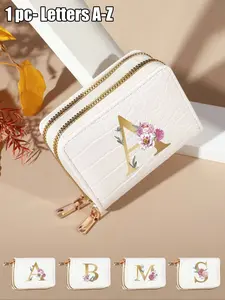 New Wallet Card Holder Clutch Bag, Double Zipper Design, Litchi Texture, Cross-Border Hot-Selling Crocodile Fashion Wallet, Artistic Design Gold Letters Pink Peony A-Z, Waterproof Pu Zipper Short Wallet Handbag, Exquisite Design