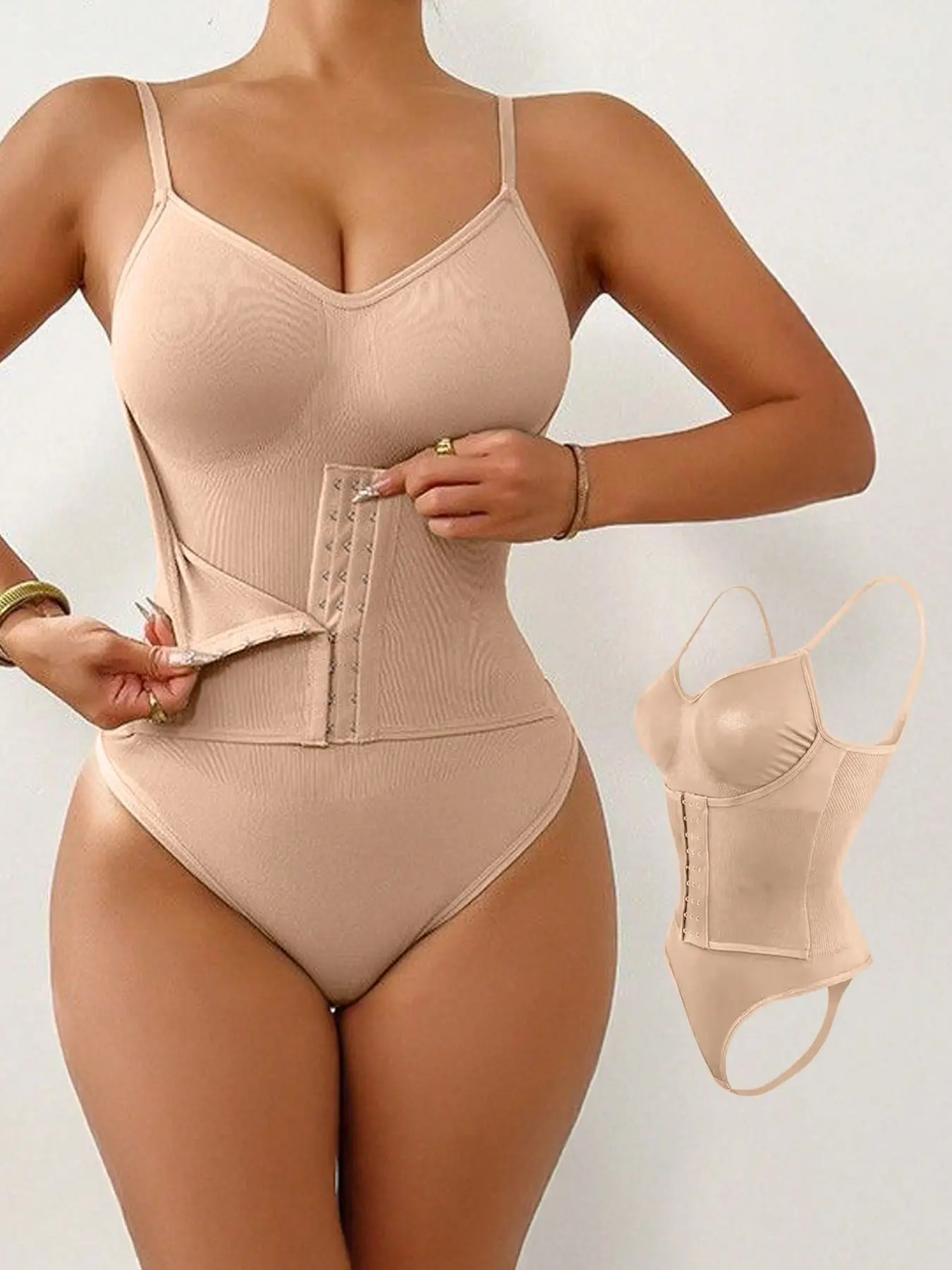 JUQDNX Shapewear Bodysuit for Women, Seamless Ribbed V-Neck Compression Cami with Adjustable Tummy Control & Built-in Bra