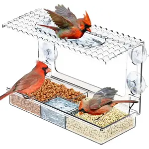 Acrylic Clear Window Bird Feeders with Strong Suction Cups,Easy to Remove and Replenish Feede Tray and Bird Bath,Glass Birdhouse and Wild Bird Feeder for Cats,Old People Viewing Inside House