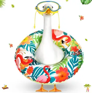 Aliceset 2 Pcs Hawaiian Porch Goose Outfit, Flamingo Summer Luau Lawn Goose Statue Clothes Costume Pool Floats Swim Goggles for Tropical Patio Yard Outdoor Decoration