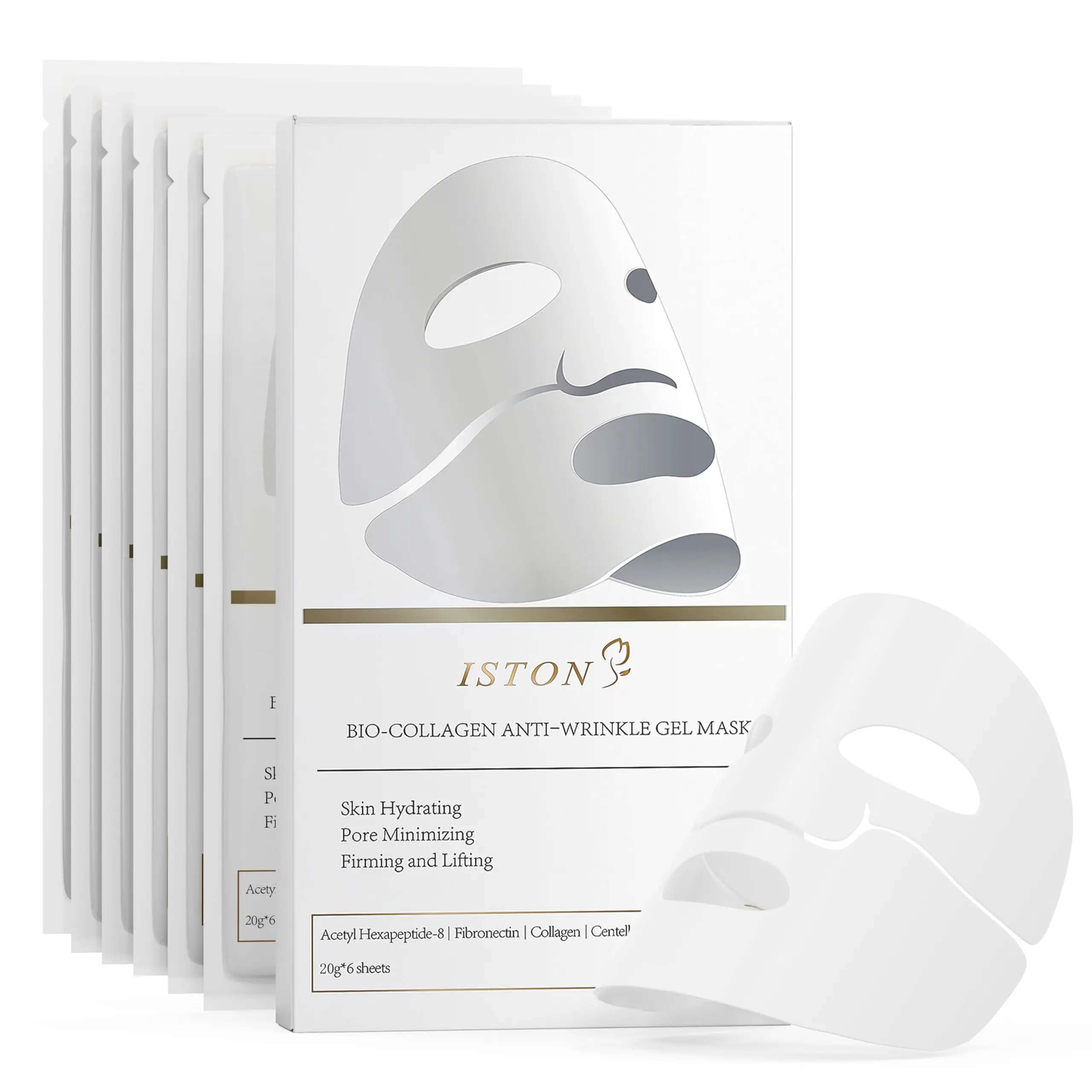 ISTON Ultra-Moisturizing 6-Piece Bio-Collagen Deep Anti-Wrinkle Lifting Mask, a nighttime moisturizing mask for all skin types - minimizes pores, enha