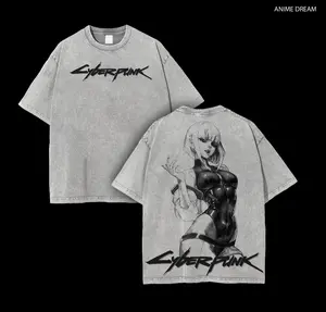 Cyberpunk Lucy Anime Double Printed Vintage Washed Tee Unisex Oversize Heavyweight Cotton T-shirt for Anime Fans and Lovers